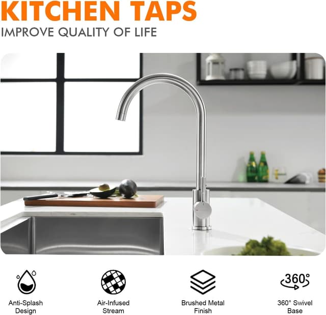 Detalle de GRIFEMA G4008 Kitchen Sink Tap Mixer with Single Lever and High Arc 360° Swivel (Stainless Steel, Chrome finish, A+)