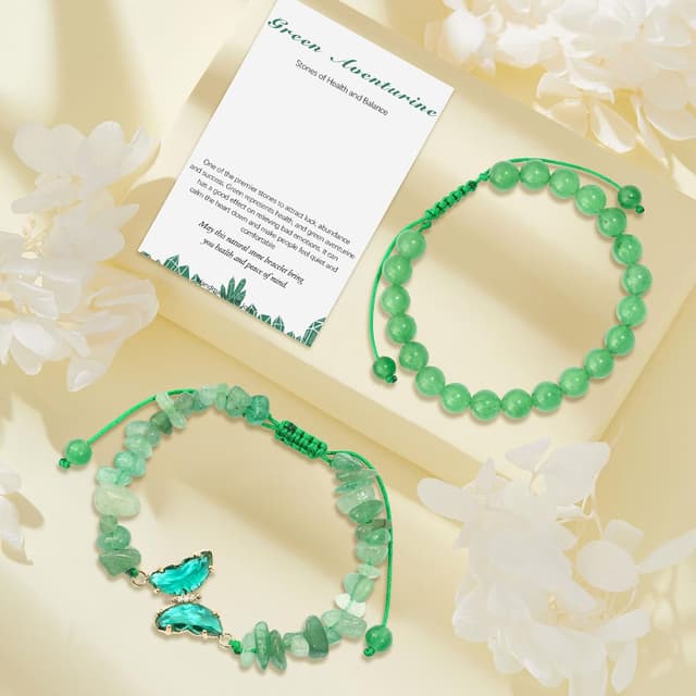 Detalle de 2er-Set verstellbare Schmetterlings-Armbänder mit grünem Aventurin (8 mm) – Damen