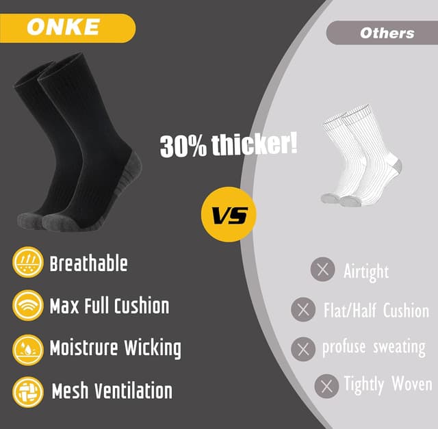 Detalle 2 de ONKE Max Full Cushion Crew Socks for Steel Toe Work Boots — Moisture Wicking, Odor Control, Reinforced Toe & Heel (Men’s Sizes 9–15)