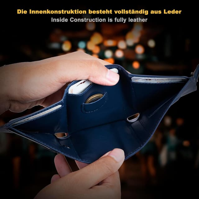 Detalle de Marc Peter Jupiter AirTag Echtleder-Geldbörse mit XL-Münzfach (für bis zu 11 Karten) – RFID-Schutz, blau