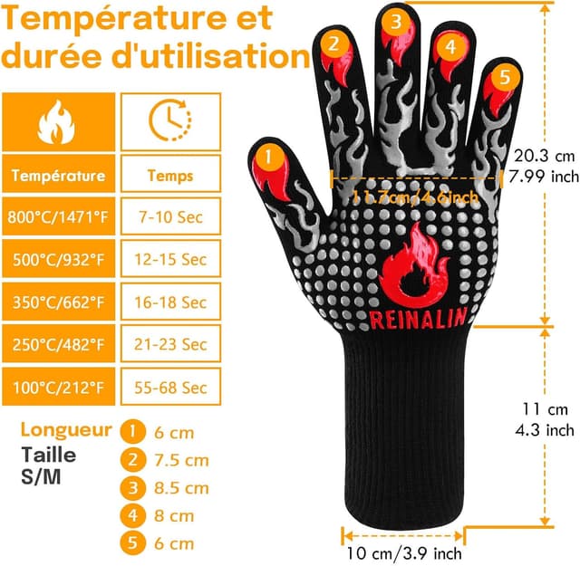 Detalle de Reinalin gants de barbecue et de four en silicone antidérapants jusqu’à 500°C (S/M), gris