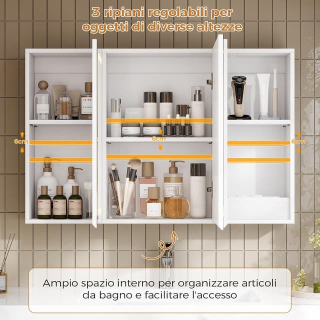 Detalle de Mojiasion Specchio Bagno con Contenitore LED, Presa Elettrica e 3 Ante 90x16x60 cm bianco