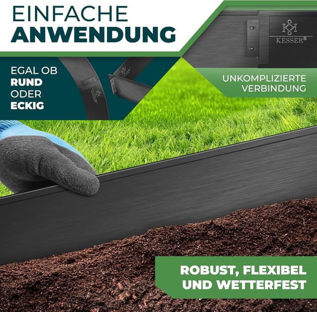 Detalle de KESSER® Rasenkante/Beeteinfassung Beetbegrenzung mit Stecksystem, Metall (schwarz) + Handschuhe, 15 m, 100 x 18 cm
