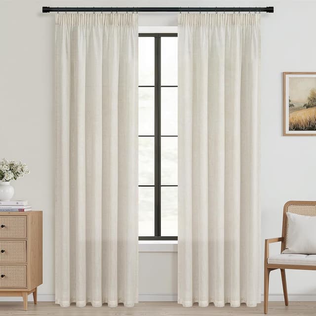 Detalle 2 de Topfinel Vorhänge mit Kräuselband (2er Set) Beige Natural Boho Leinenoptik, halbtransparent – 140×245 cm