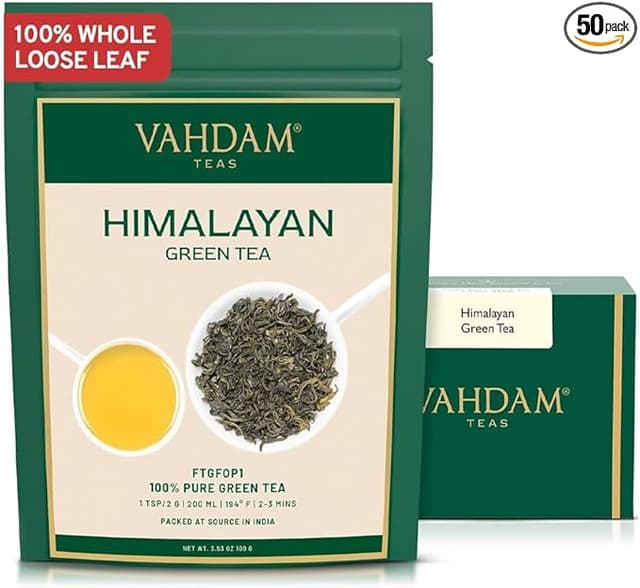 Detalle de VAHDAM Té Verde Himalaya 🌿 100g, Natural y Aromático para Infusión