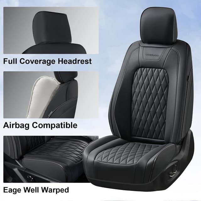 Detalle de Coverado Leather Seat Covers Full Set for Ford F-150 F-250 F-350 F-450 (Black) — Crew Cab Only, Waterproof, Heated/Cooled Compatible