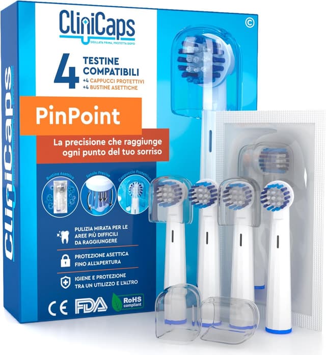 Thumbnail 6 de 16 testine spazzolino elettrico CliniCaps PinPoint (compatibile Oral-B) con bustina asettica e cappuccio protettivo