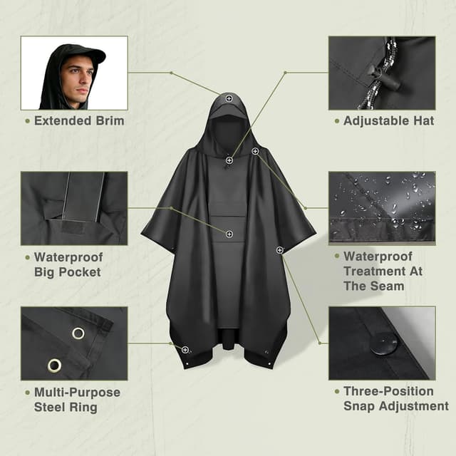 Detalle 2 de Stathmon Poncho Waterproof Adult with PU8000mm coating (reusable) – 240T lightweight rain poncho