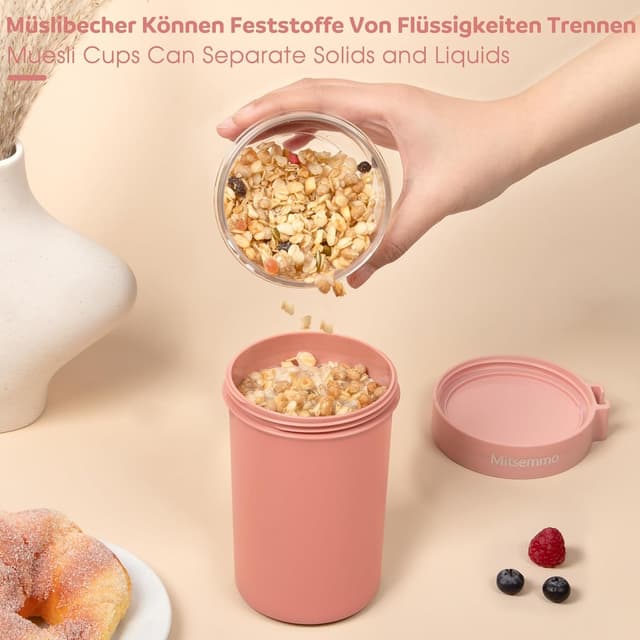 Detalle de Mitsemmo Müslibecher to Go 760 ml + 230 ml (Rosa) – Müsli- & Joghurtbecher mit Löffel und Dose
