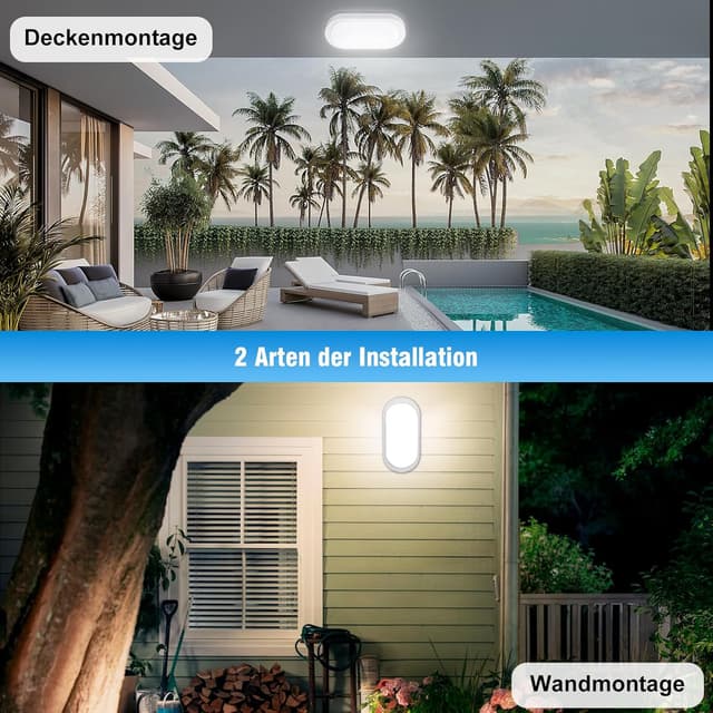 Detalle 2 de IEGLED 2er-Set Kellerlampe mit Bewegungsmelder (Radar), IP65 LED Wandleuchte mit Dämmerungssensor, 12W oval