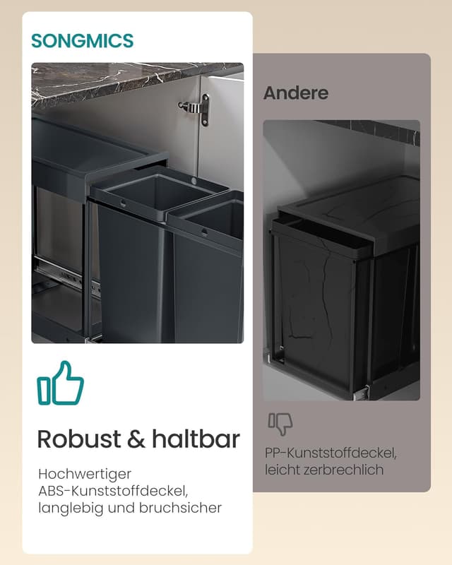 Thumbnail 6 de SONGMICS LTB951GZ01 Mülleimer Küchenschrank mit Mülltrennsystem, ausziehbar, 2×20 L, grau