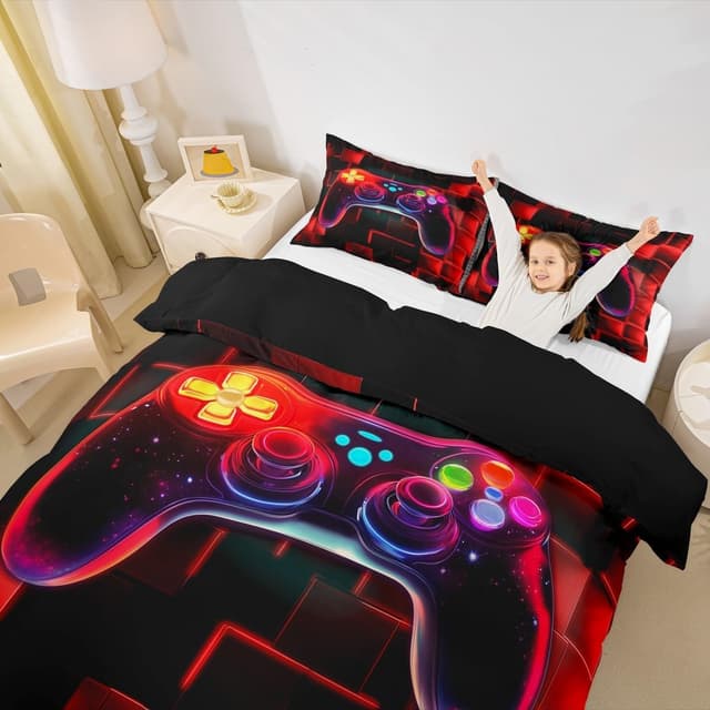 Detalle de Homewish boys gaming bedding double bed set with galaxy gamepad duvet cover and 2 pillowcases (red neon geometric)