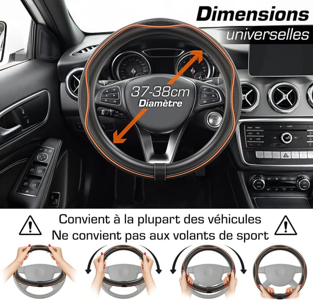 Detalle de Upgrade4cars Couvre-volant noir et orange en simili-cuir, housse universelle 37-38 cm