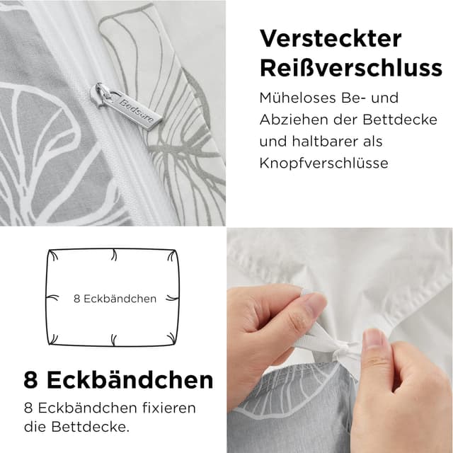 Detalle 1 de BEDSURE Bettwäsche 135x200 4-teilig aus Baumwolle (2 Bettbezüge + 2 Kissenbezüge) – grau, Wendebettwäsche mit Reißverschluss