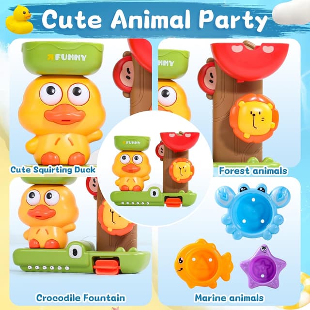 Detalle 2 de Bath Toys for 1 Year Old Toddler: duck waterflow toy with 3 stackable animal cups and suction cups