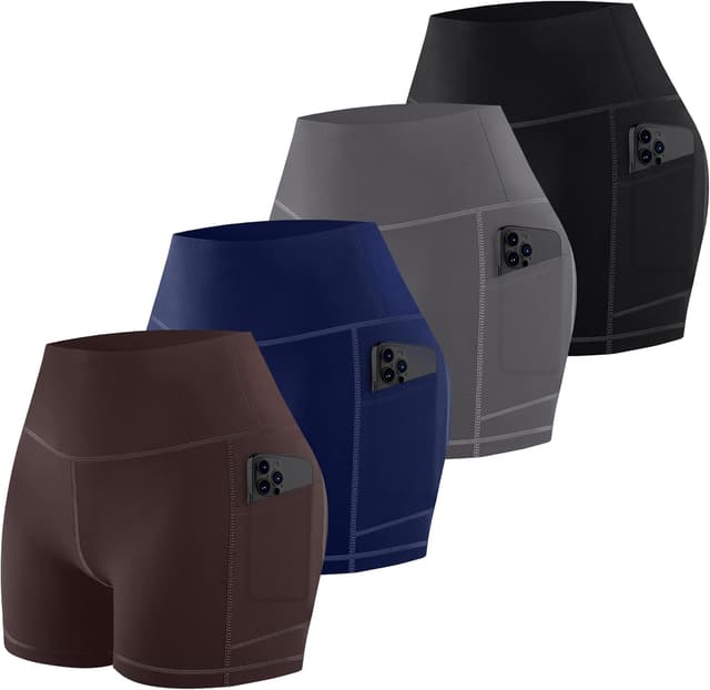 Detalle de MIRITY 4er Pack Damen High-Waist Biker Shorts mit Taschen – atmungsaktive Sportleggings für Yoga, Fitness & Alltag