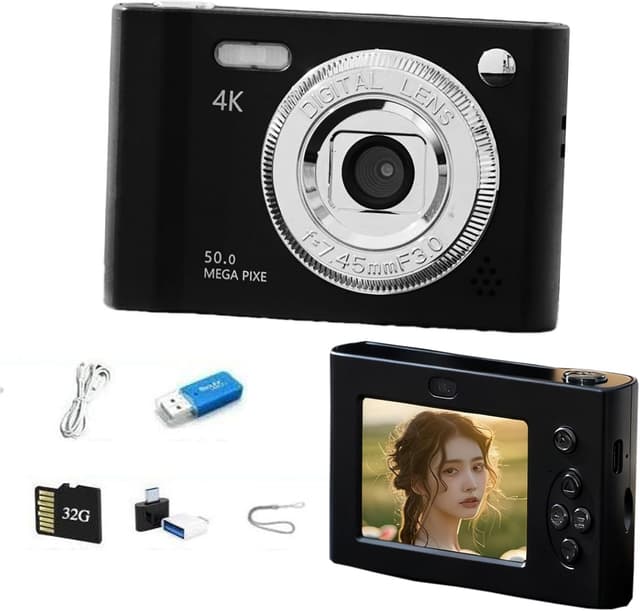 Detalle de Digital Camera with Dual Screen (2.4-inch front & rear) – 1080P FHD / 44MP, 16X Zoom, anti-shake, 32GB card (Black)