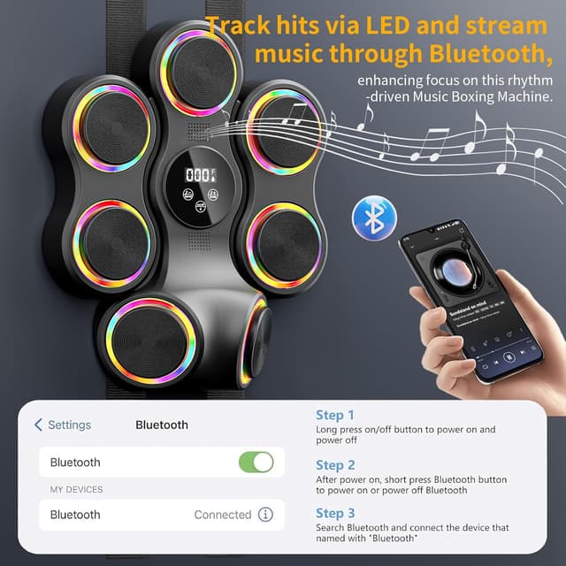 Detalle de Macchina da boxe musicale con Bluetooth e luci LED, guantoni inclusi, attrezzatura per casa e palestra