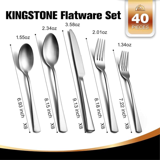 Detalle 2 de KINGSTONE 18/10 Stainless Steel Silverware Set for 8 (40-Piece) — Matte Satin Flatware, Dishwasher Safe