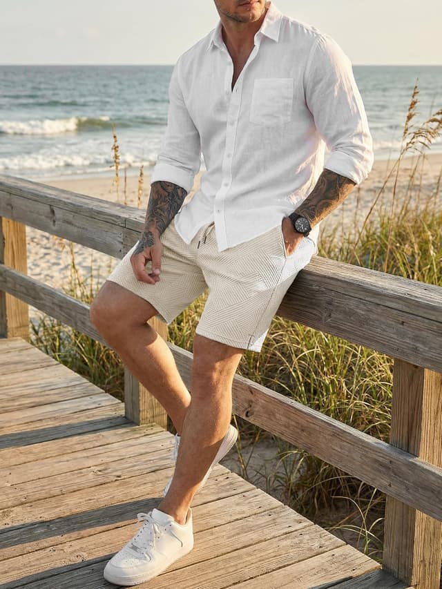 Detalle de JMIERR Herren Textur-Shorts 2026 Sommer Casual mit 3 Taschen und elastischem Bund