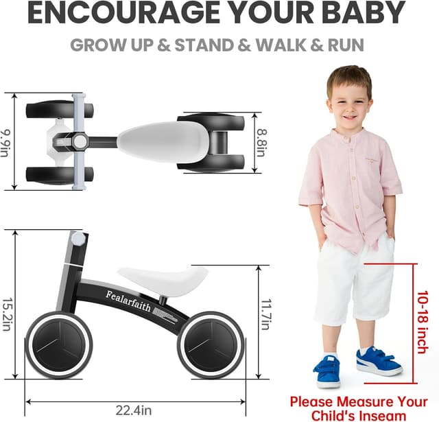 Detalle de Baby Balance Bike for 1 Year Olds (10-36 Months) with 4 LED Lighting Wheels, Enclosed Wheels & Steering Limit (Black)