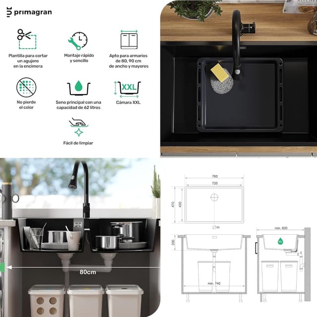 Thumbnail 4 de PRIMAGRAN London Slim S309 76x47 cm fregadero grafito