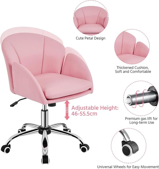 Detalle de Yaheetech Sedia Ufficio Poltroncina Scrivania reclinabile in finta pelle vellutata rosa imbottita con ruote e base in metallo galvanizzato