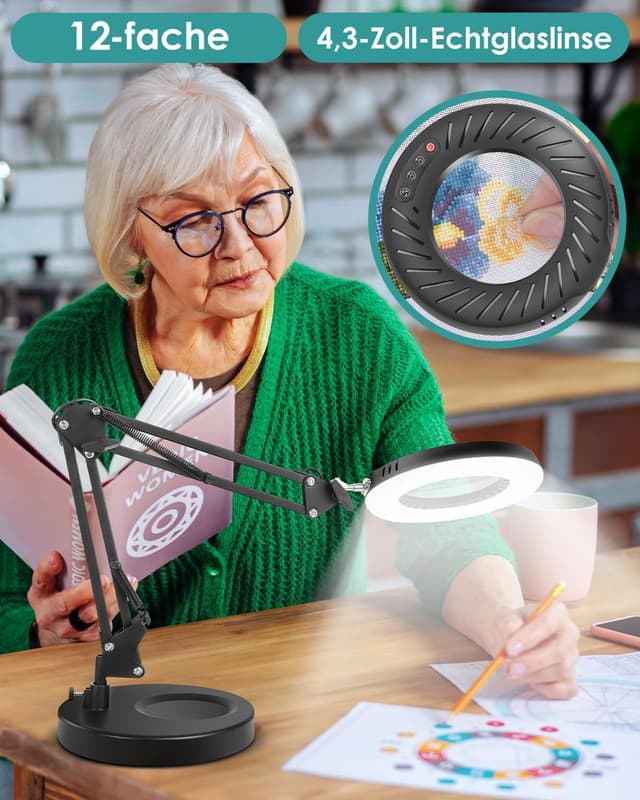 Detalle de Coteck 12X Lupe mit Licht und Ständer – 2-in-1 LED-Schreibtischlampe mit Klemme, stufenlos dimmbar