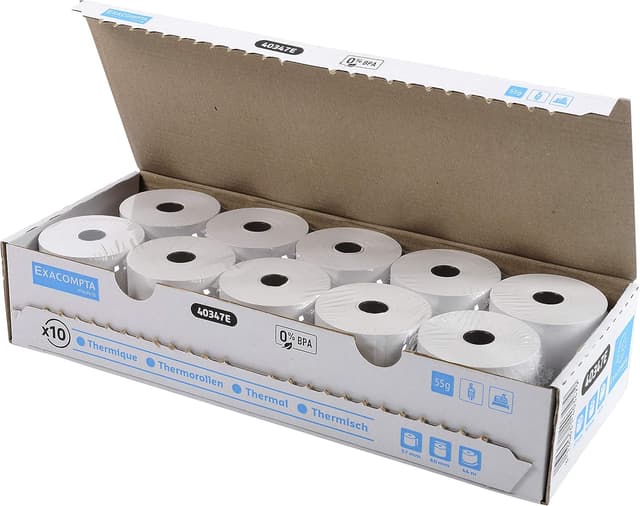 Detalle de Carton Exacompta Réf. 40347E : 60 bobines thermiques pour tickets (57 mm x Ø 60 mm, mandrin 12 mm)