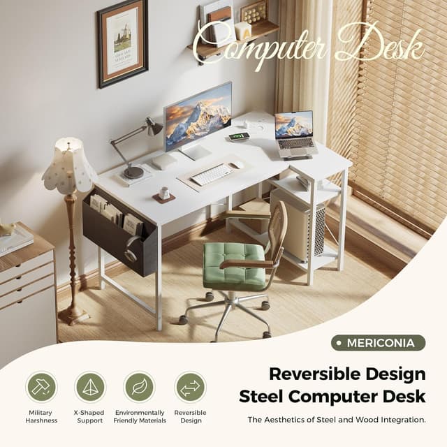 Detalle de Mericonia Small L-Shaped Desk with Power Outlets, 140x70 cm (White) with Reversible Shelves