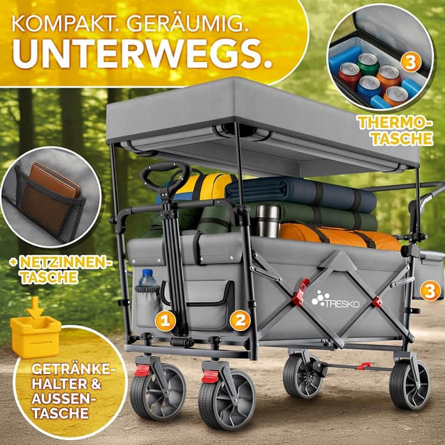 Detalle de TRESKO faltbarer Bollerwagen mit Dach, Kühlfach & Seitenrollos (bis 150 kg) – inkl. Vollgummireifen, Feststellbremsen & 3-Punkt-Gurt
