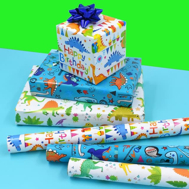 Detalle 1 de 3 Rolls Dinosaur Wrapping Paper (43cm x 3m) — Kids Recyclable Gift Wrap for Birthday, Baby Shower & Parties
