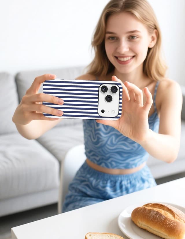 Detalle de Jusy Handyhülle magnetische für iPhone 17 Pro Max – zweischichtig, MagSafe-kompatibel, tiefblau gestreift