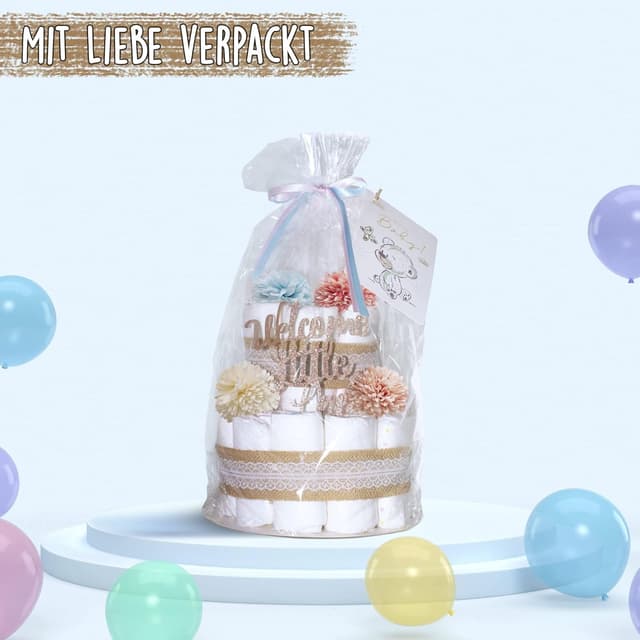 Detalle de MilaBoo® Vintage Windeltorte Neutral – Boho Windeln im 2‑stöckigen Set (26 Stück), Größe 2 (Medium)