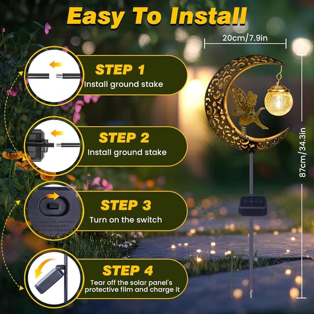 Thumbnail 6 de Solar Lights Outdoor Garden Ornaments IP65 Waterproof Moon Fairy Solar Crackle Glass Light with Metal Stake (warm white LED)