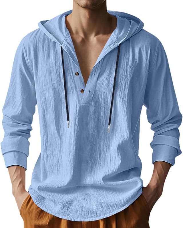 Detalle de TRFIC Men’s Cotton Linen Hooded Long Sleeve Button-Down Shirt for Casual, Beach & Yoga