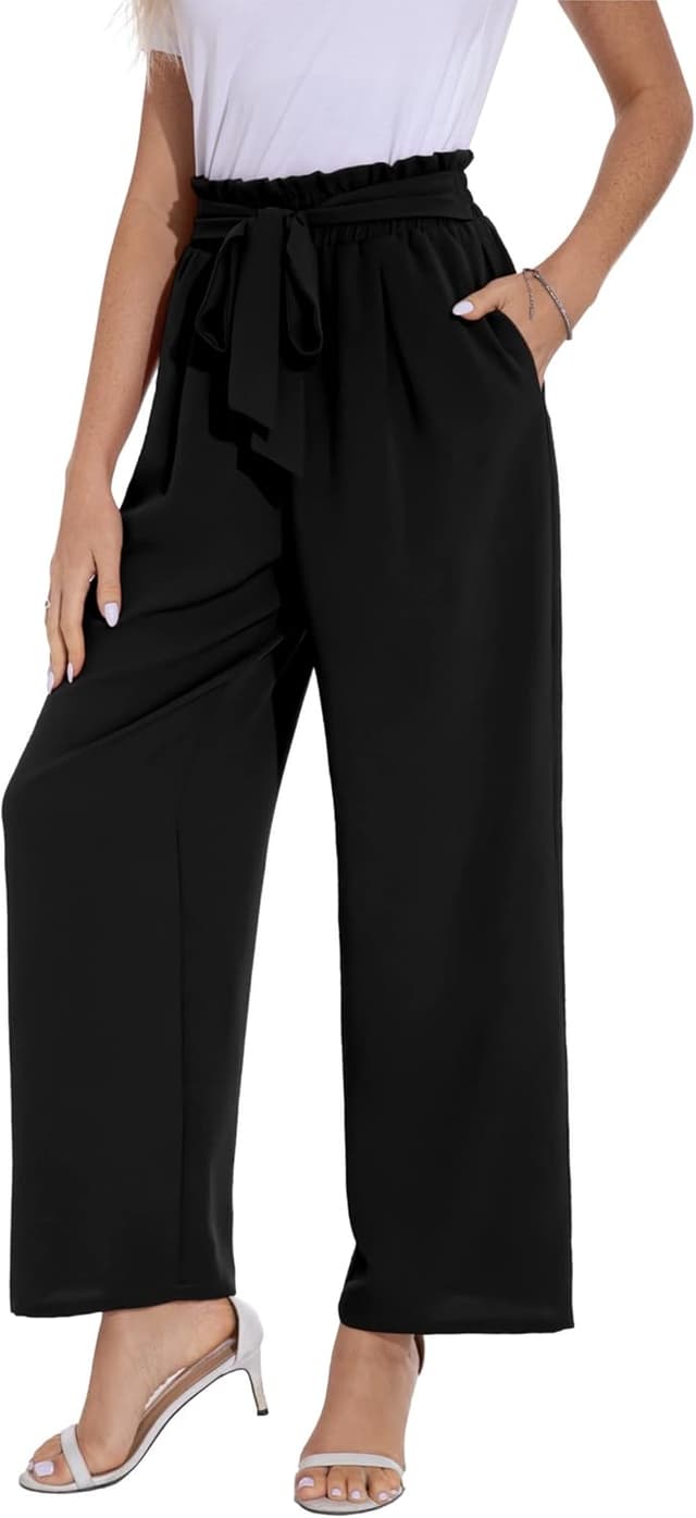 Detalle 2 de PrinStory Damen Hose mit weitem Bein – leichte Sommerhose mit elastischem Bund und Taschen