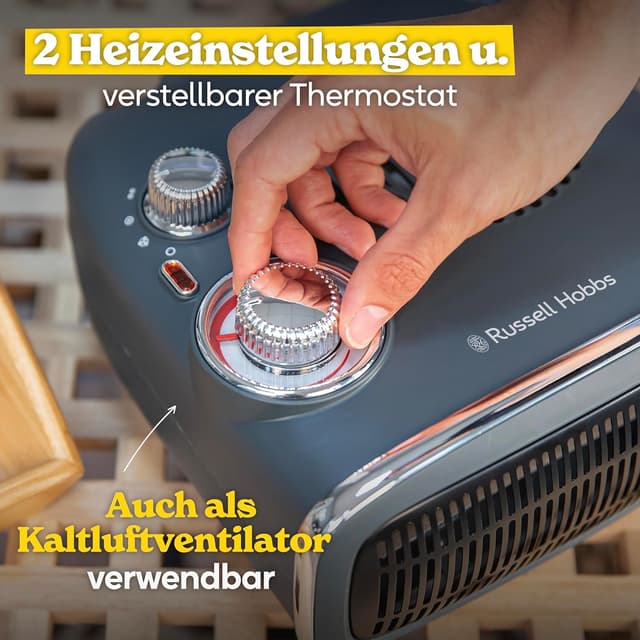 Detalle 2 de Russell Hobbs RHRETHFH1001G termoventilatore retrò orizzontale/verticale 1800 W con termostato regolabile