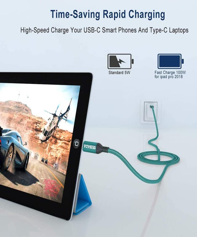 Detalle de AkoaDa USB-C to USB-C 100W 5A Fast Charging Cable (Nylon Braided, Green) – 10ft