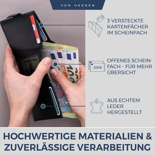 Detalle 2 de VON HEESEN Slim Wallet mit XXL-Münzfach & RFID-Schutz – Leder-Kartenetui in Schwarz