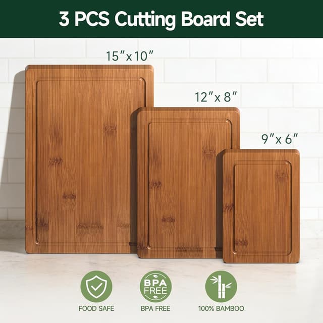 Detalle 2 de Zeawec 3-Piece Bamboo Cutting Board Set with Deep Juice Grooves (Carbonized)