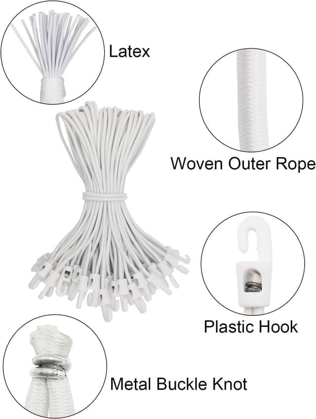 Detalle 2 de WMZOBH bungee cords with hooks (25 pcs) – 10 inch elastic ropes in white