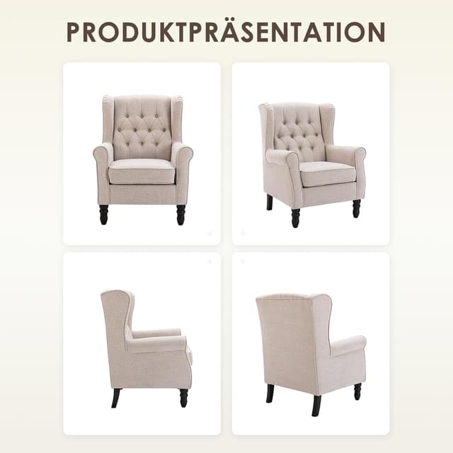 Thumbnail 4 de COLAMY Mid-Century Modern Wingback-Sessel mit Knopfsteppung & Massivholzbeinen, Beige