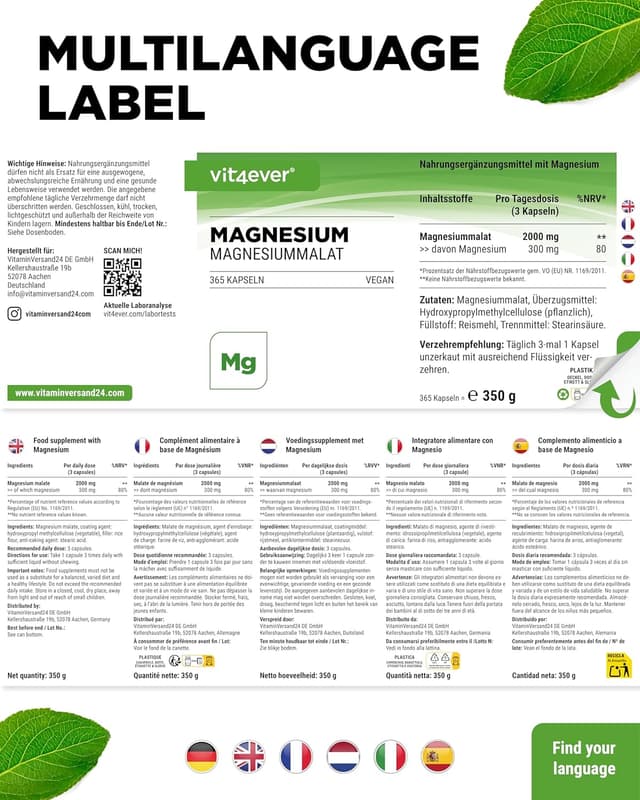 Detalle 2 de vit4ever Magnesium Malat (Magnesiummalat) – 365 vegane Kapseln, 2000 mg mit 300 mg elementarem Magnesium pro Tagesportion