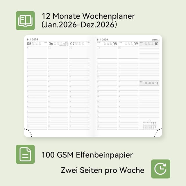 Detalle de feksino FEKSINO Kalender 2026 Wochenplaner A5 (Jan. 2026–Dez. 2026) – 1 Woche/2 Seiten, Softcover, Grün