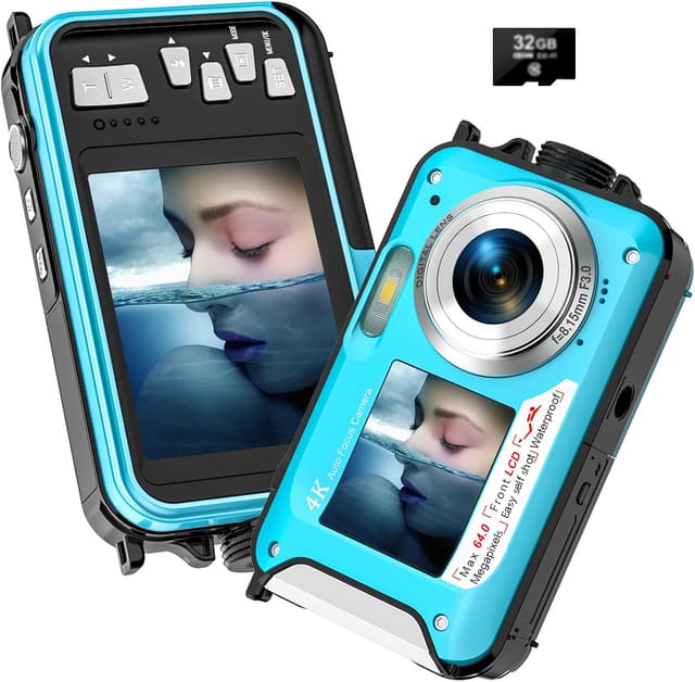 Detalle de Yixinxin Unterwasserkamera (UHD 4K, 64 MP) mit Autofokus und Dual-Selfie-Bildschirmen, inkl. 32-GB-Karte