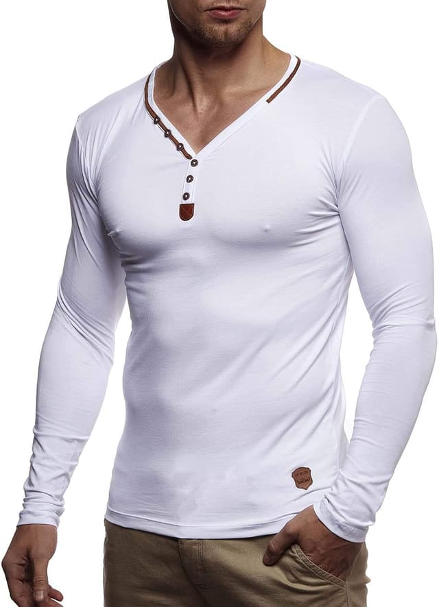 Detalle de Leif Nelson LN1470 : t-shirt manches longues à col en V ajusté en coton pour homme (blanc) – X-Large