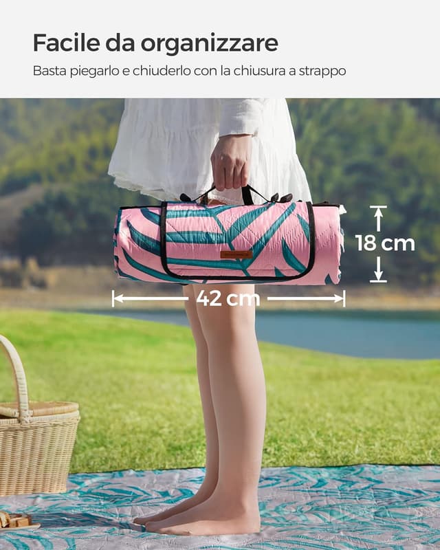 Thumbnail 6 de SONGMICS Coperta Picnic 200 x 200 cm con strato impermeabile, motivo felce e rosa (GCM87KJ)