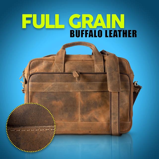 Detalle de KomalC 16 Inch Buffalo Leather Laptop Messenger Briefcase Bag with YKK Metal Zippers