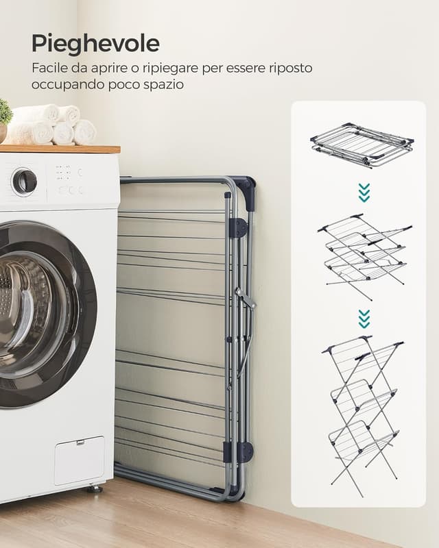 Detalle de SONGMICS Stendibiancheria verticale a torre pieghevole LLR715G01, struttura in acciaio, 42 x 62,5 x 150 cm
